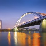 Apollo bridge and highrise buildings in Bratislava, Slovakia.