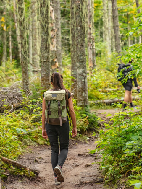 Turista s batohom kráča po jarnom horskom chodníku – správna výbava a príprava na bezpečný výlet.